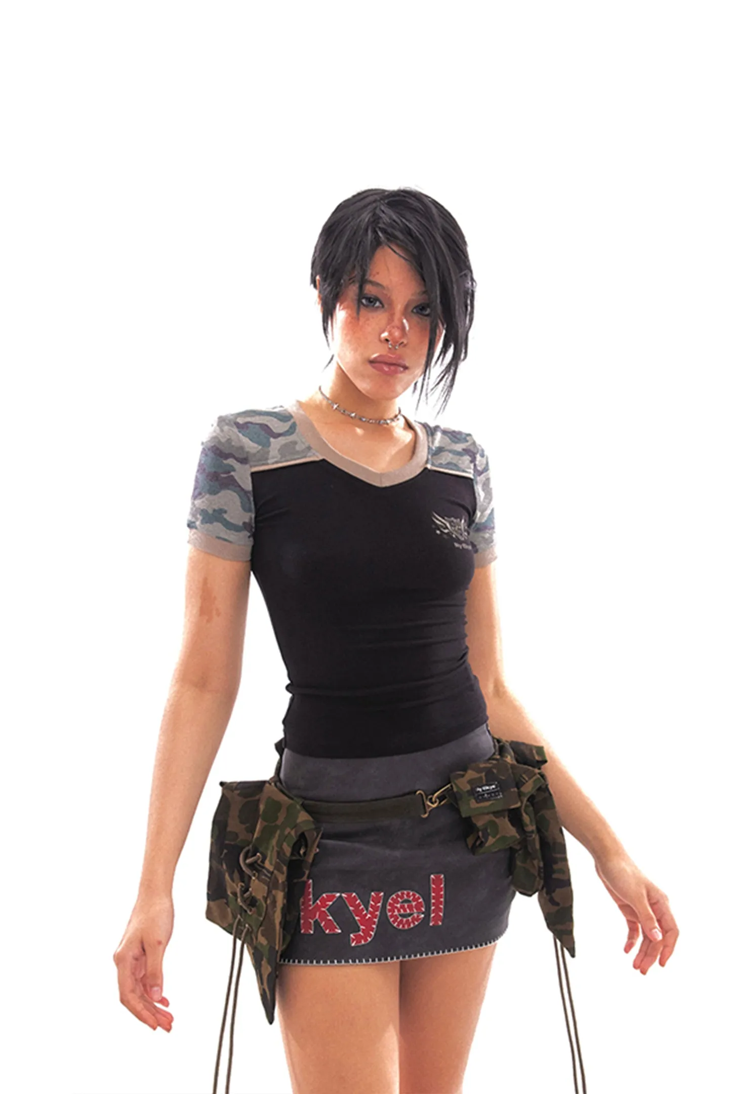 Star Logo Leather Contrast Skirt