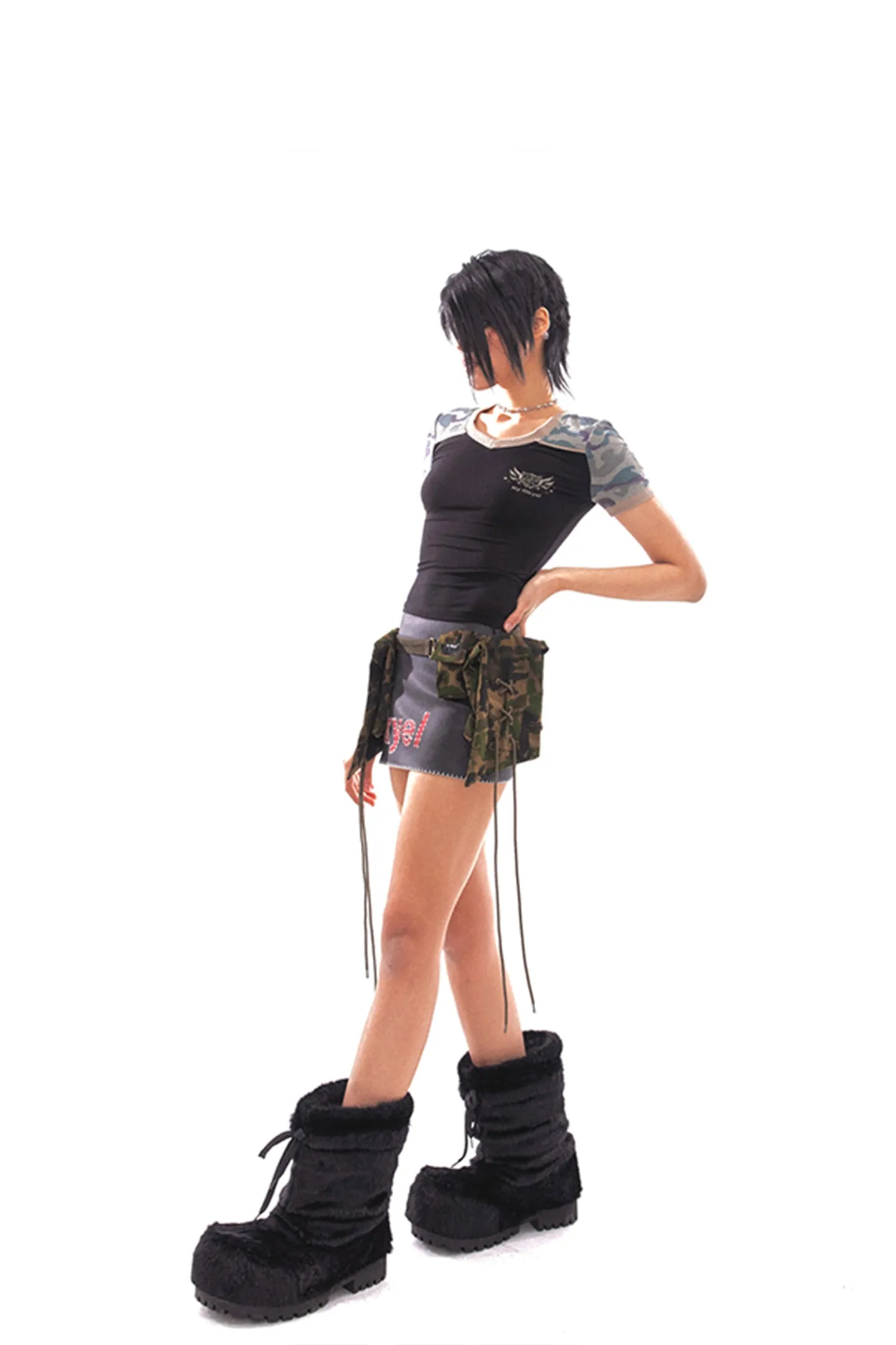 Star Logo Leather Contrast Skirt