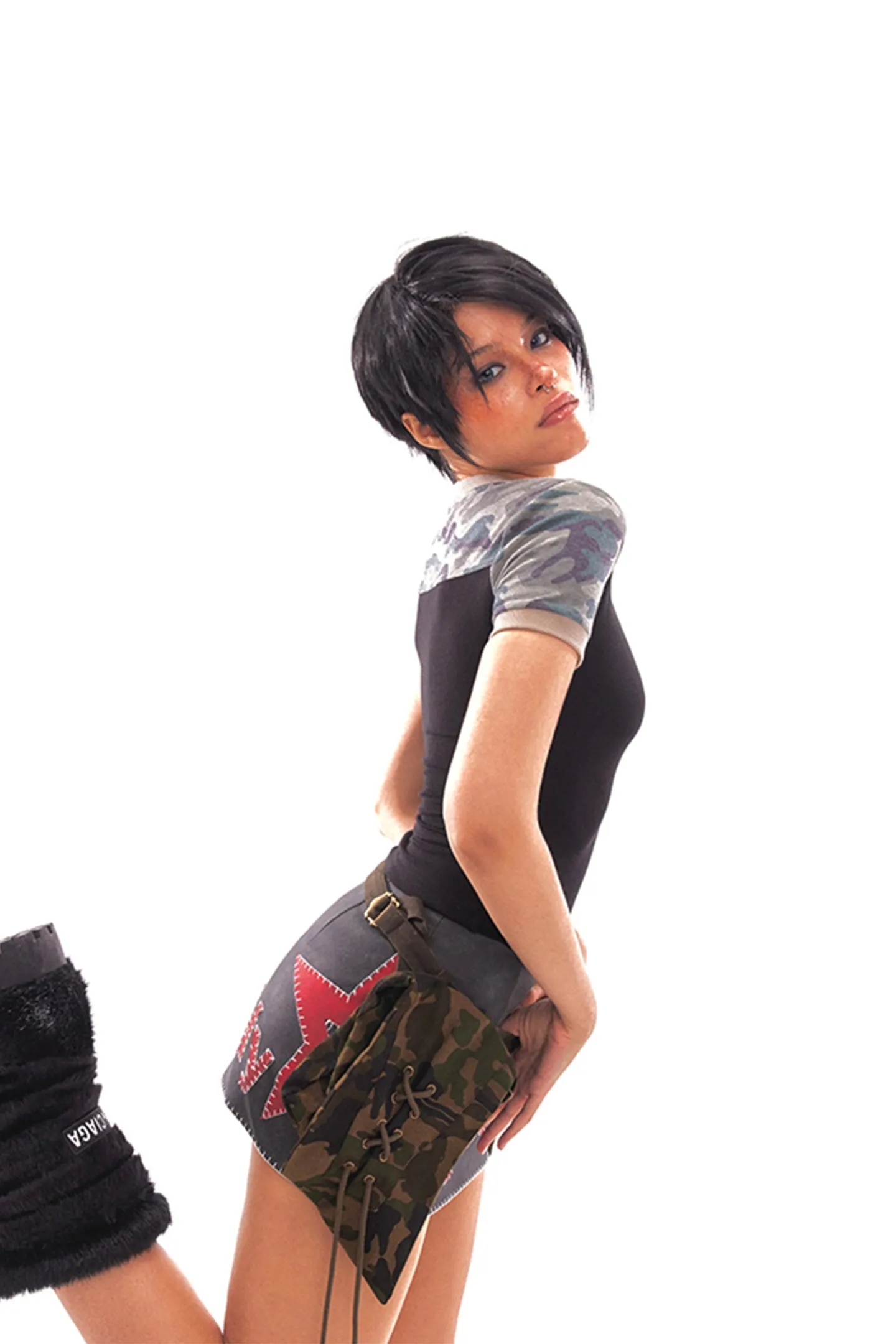 Star Logo Leather Contrast Skirt