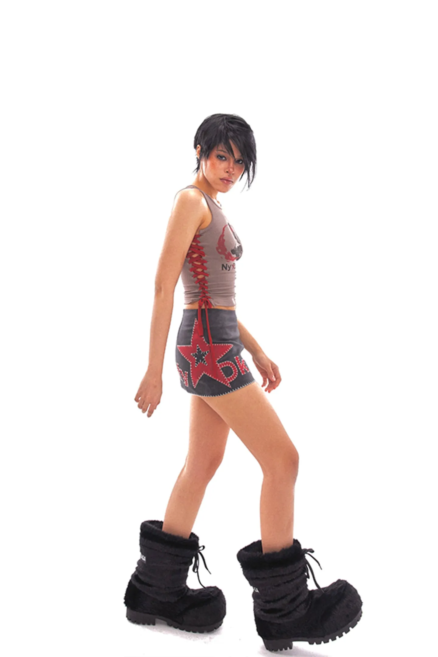Star Logo Leather Contrast Skirt