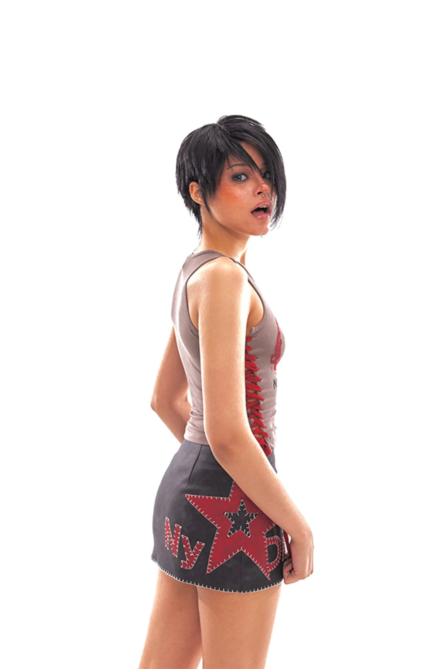 Star Logo Leather Contrast Skirt