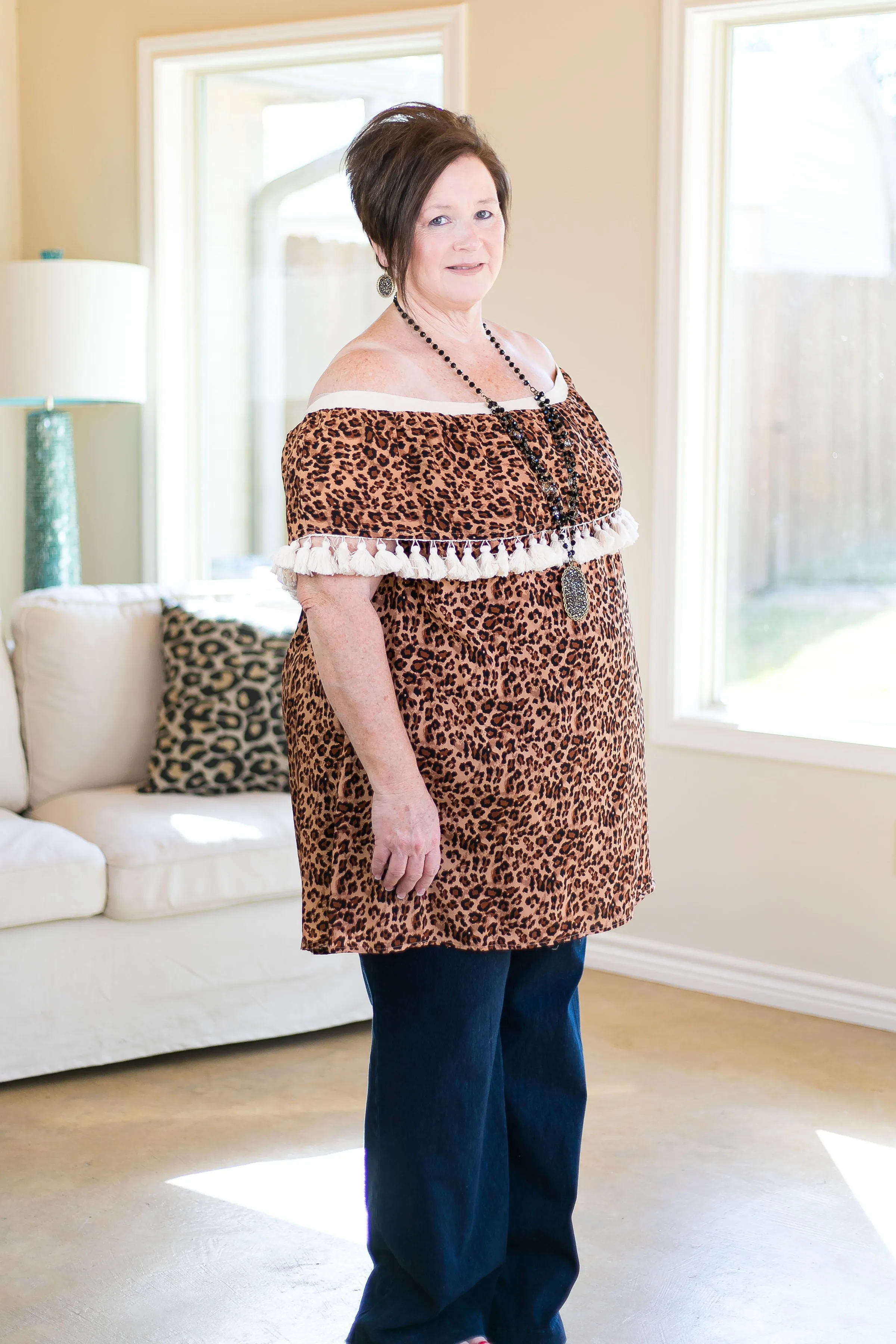 You Get What You Get Off Shoulder Tunic with Tassels in Leopard