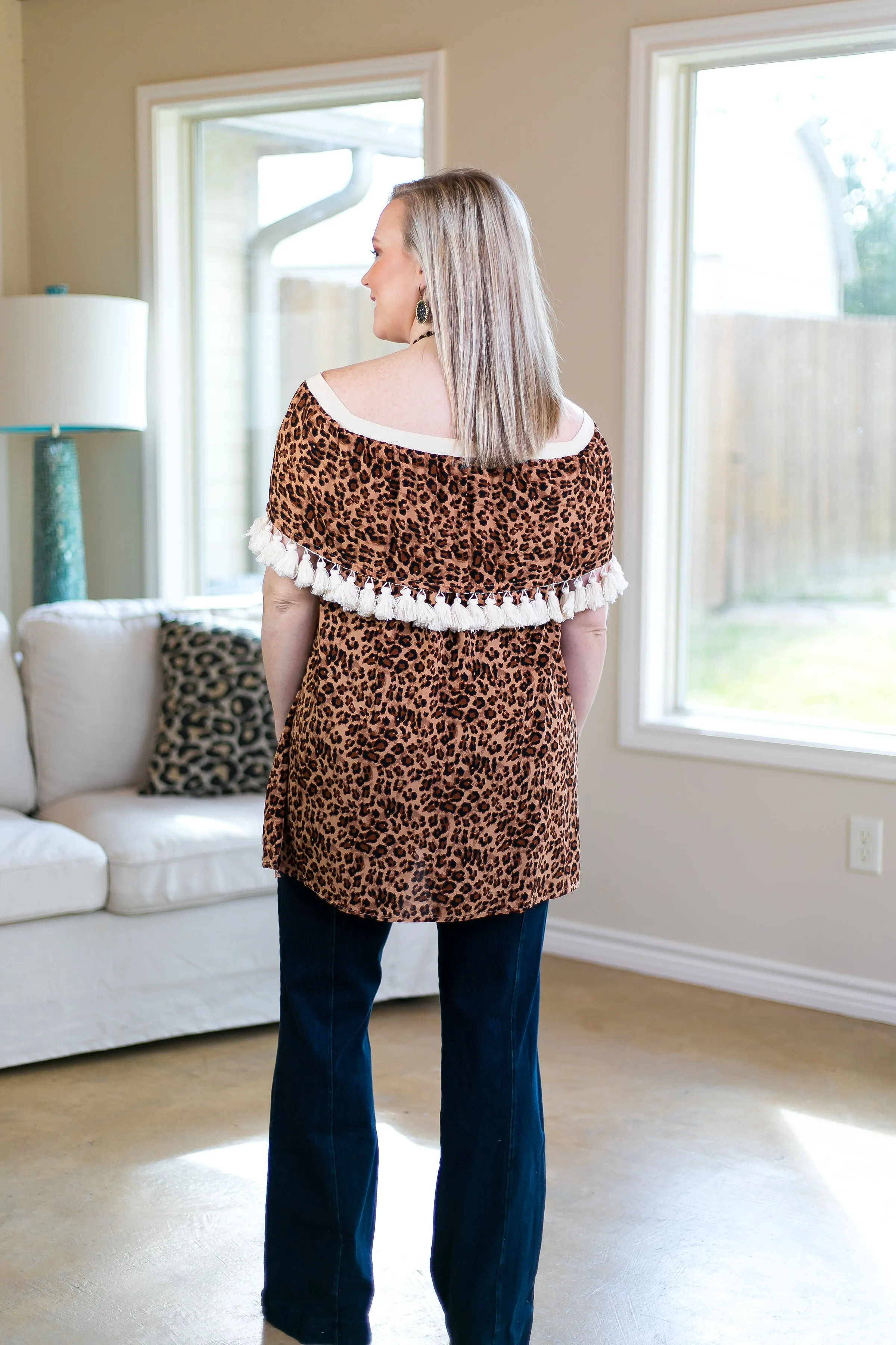 You Get What You Get Off Shoulder Tunic with Tassels in Leopard